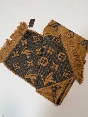 Louis Vuitton Camel and Dark Brown Monogram Fringe Scarf